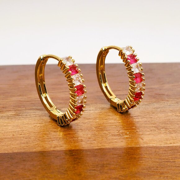 14K Gold Womens 2ct Rose Red Ruby Gemstone 1ct Diamond Small Hoop Earrings NEW - Picture 5 of 5
